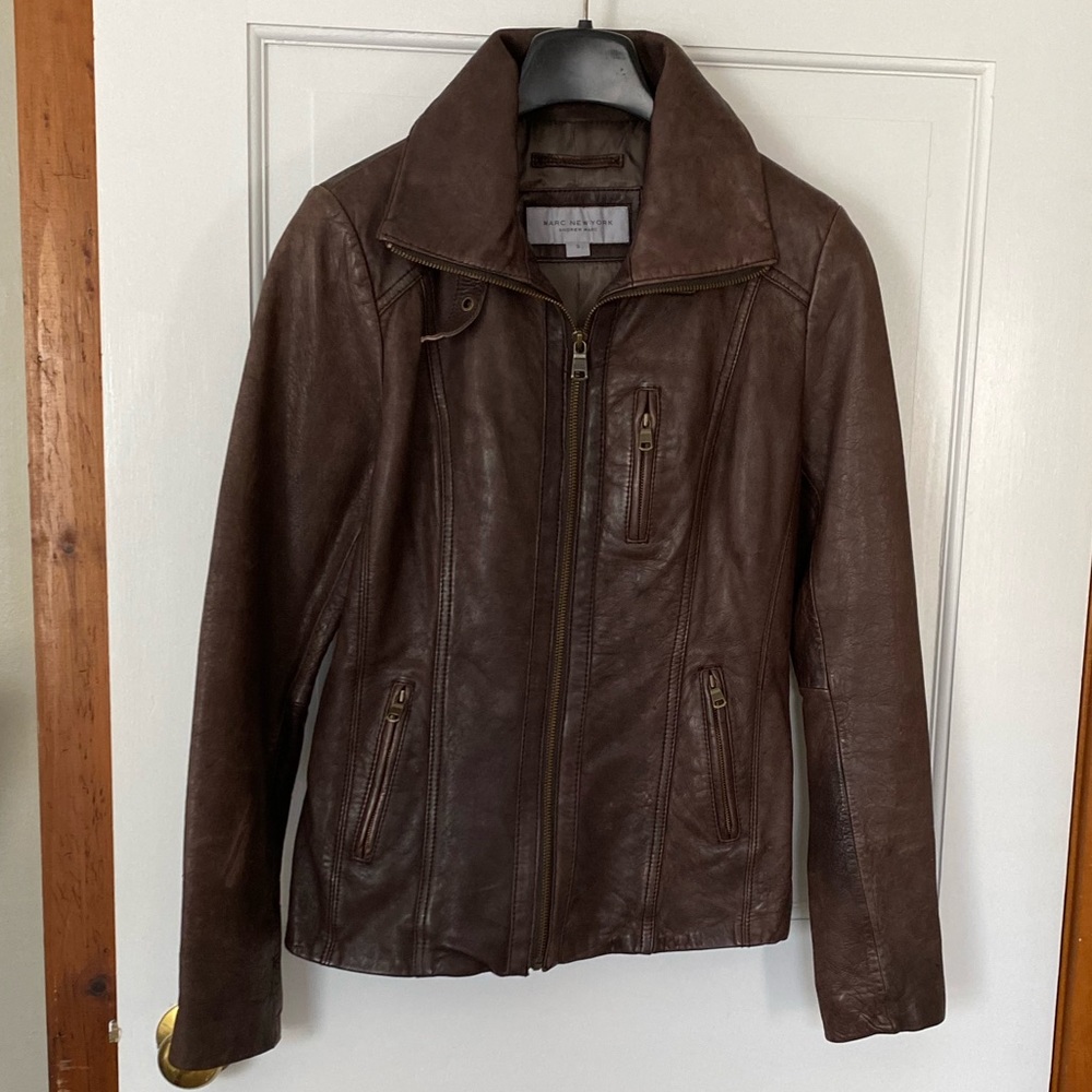 Andrew Marc brown leather moto jacket size S